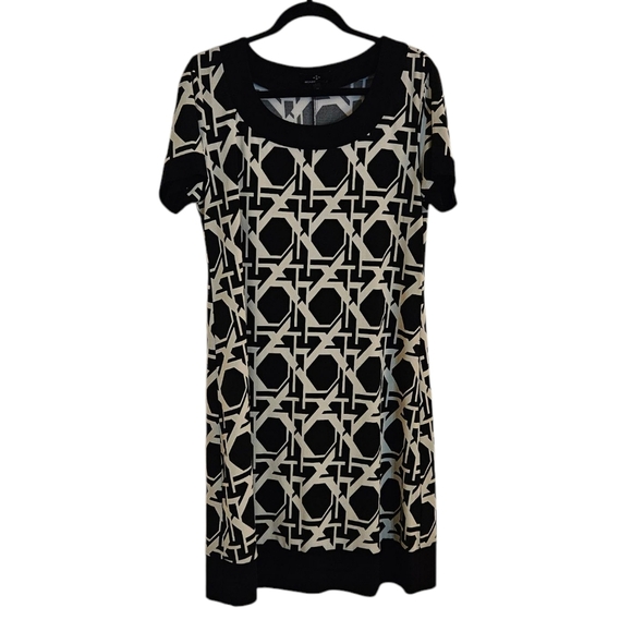 Ronni Nicole Scoop Neck Geometric Black/Cream Print Sheath Stretch Dress size 12 - Picture 1 of 7